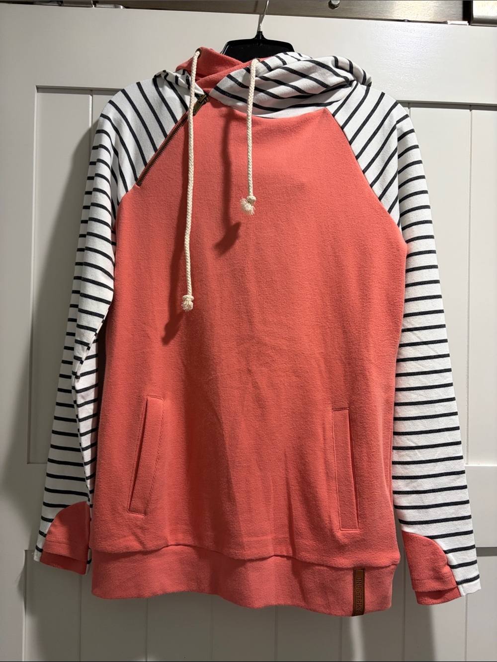 AMPERSAND AVE Coral Pullover with Black & White Striped Sleeves